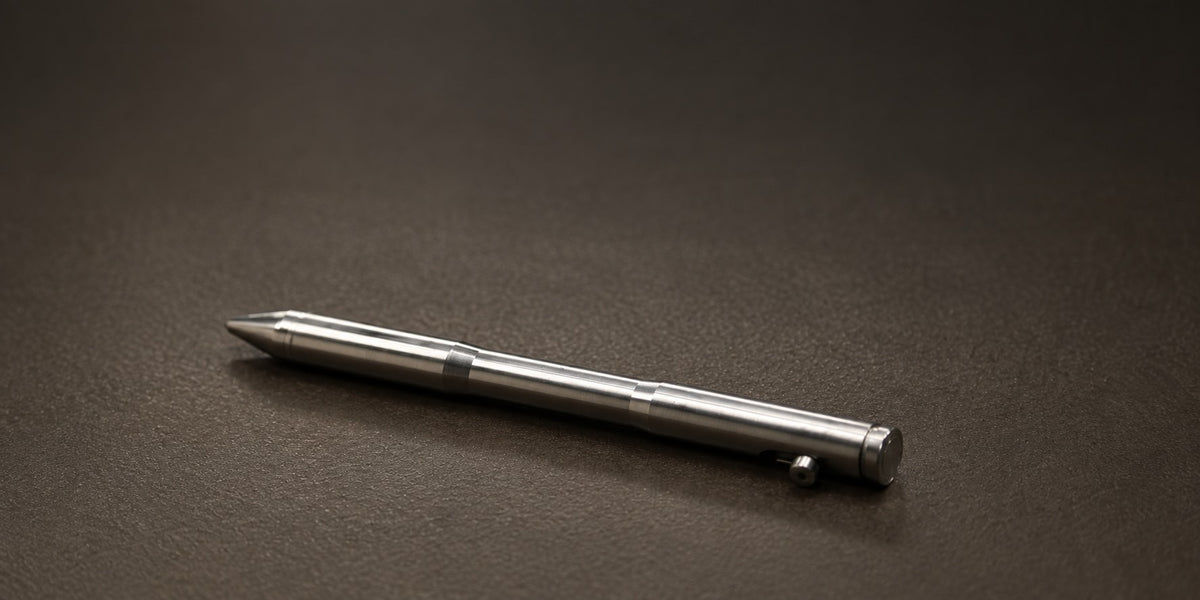 Drift hand-polished titanium bolt-action pen on a dark workshop surface.